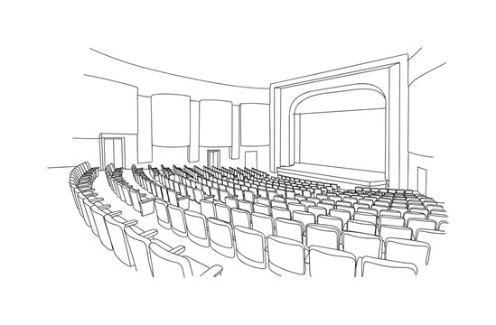 Old Theater Hall. Minimalistic one-line drawing interior with rows of seats and proscenium stage, continuous single black line on white background, simple
