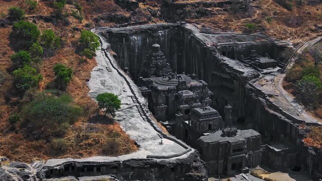Kailasa Temple, Ellora Rock Cut Hindu Temple, Maharashtra, India. A historic ancient Hindu cave temple in Ellora. UNESCO Heritage Site in India