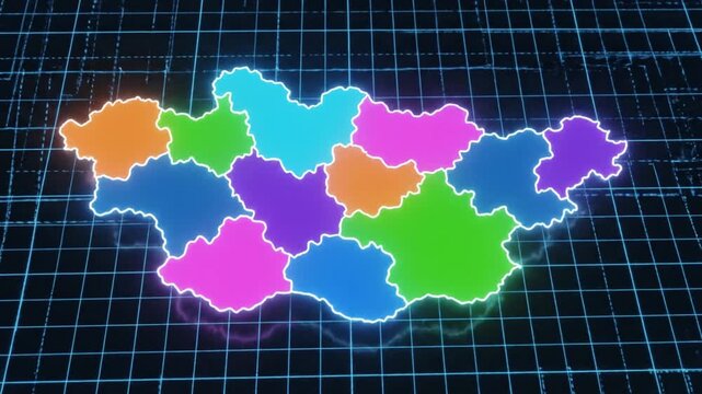 Colorful digital energy bolts striking a map of Kazakhstan on a neon grid floor in futuristic cyber space
