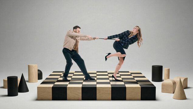 Man and woman pulling rope on chessboard platform representing power struggle. Concept of negotiation process, balance of power, conflict resolution, teamwork tension, strategic decision making.