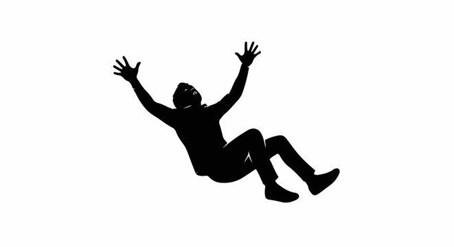 Silhouette of a person falling backwards with arms outstretched, white background