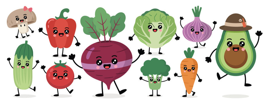 Vector illustration of cute vegetables with smiling faces and accessories, presented as a flat isolated food object collection, designed in a playful and colorful style 