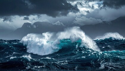 Obraz premium Powerful Ocean Waves Crashing Under Stormy Skies