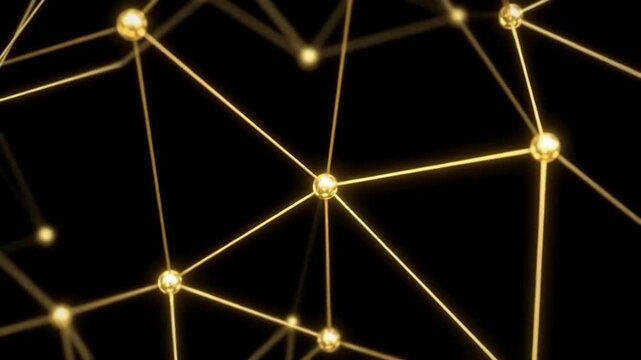 Close-up of a glowing gold network: spherical nodes linked by slender lines, forming a geometric lattice against a deep black backdrop; reflections create a futuristic, sculptural vibe glow