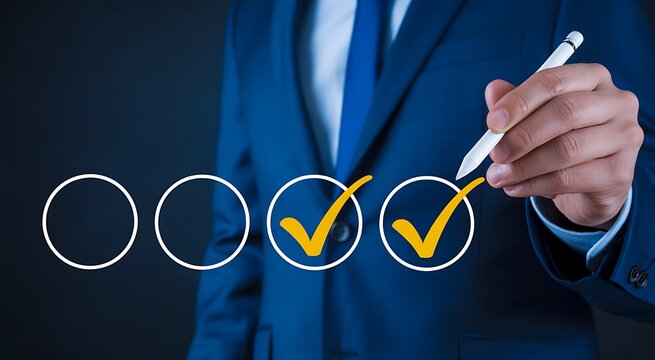 Businessman checking boxes with pen, checklist, verification