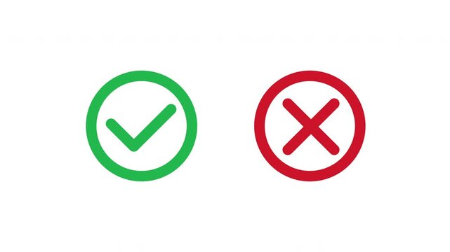 Green Check Mark And Red Cross X Symbol In Circle Animation Isolated On White Background - Tick And Close Sign