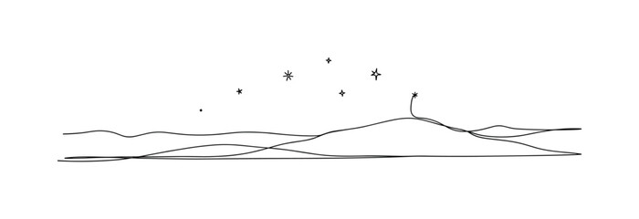 Fototapeta premium Dusk Horizon. Minimalistic one-line drawing first stars visible in darkening sky over landscape, continuous single black line on white background, simple