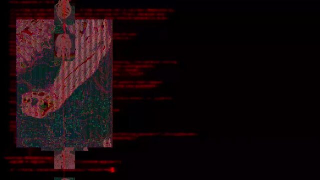 The graphics are a column with distorted human shapes and red interference lines. The flow of biometric data is distorted. Cyberpunk digital error animation.