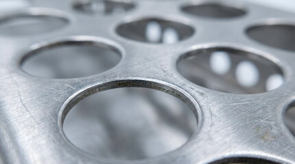 Obraz premium Close-up of a stainless steel laboratory test tube rack with circular holes, showing metallic texture and industrial design in a bright environment
