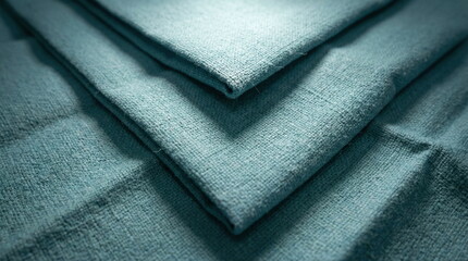 Fototapeta premium High angle close-up of folded light blue textured linen fabric with soft shadows