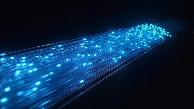 Blue glowing optical fiber cables transmitting digital data on a dark background for technology concepts
