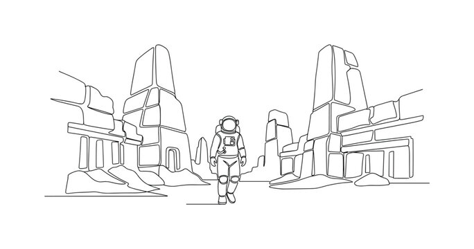 Ancient Alien Sites. Minimalistic one-line drawing astronaut walking among monolithic alien ruins, continuous single black line on white background, simple