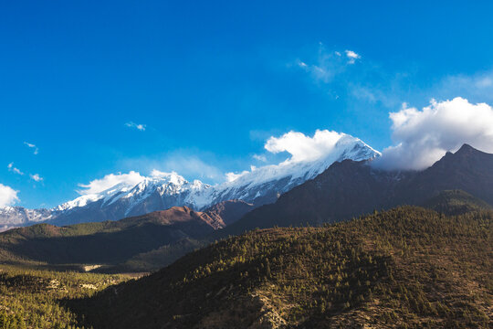 Himalayan mountains and blue sky. Nepal