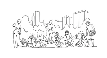 Fototapeta premium Urban Oasis Scene. Minimalistic one-line drawing people planting, watering, and harvesting in city green area, continuous single black line on white