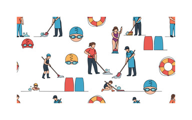 Fototapeta premium swimming class seamless pattern, repeating pattern, surface design, textile print, modern illustration of instructors, children, adults, goggles, swim caps,
