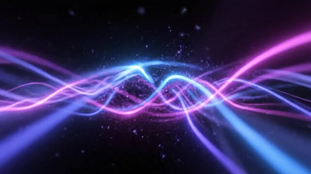 Abstract flowing luminous energy waves in vibrant blue and purple hues against a dark background
