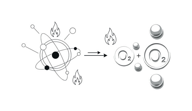 oxidation reaction circular shapes thin lines and abstract flame icons realistic monochrome oxygen participating in chemical reaction producing energy or fire