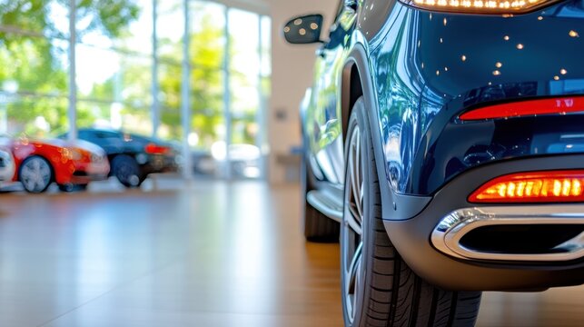 Close-up view of a sleek, modern dark blue SUV's rear in a bright showroom