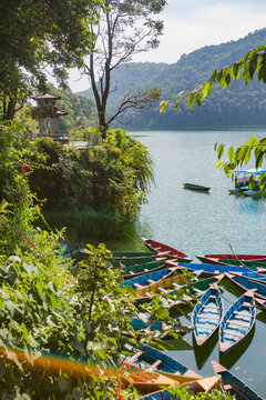 Colorful boats on the lake Phewa. Pokhara, Nepal