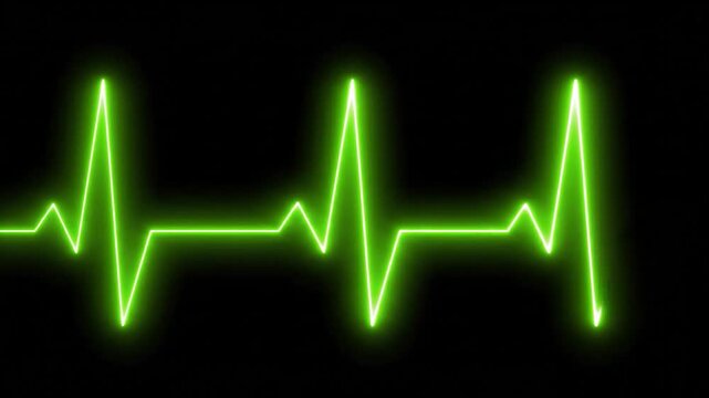 A vibrant green electrocardiogram line pulses rhythmically against a stark black background, representing a healthy