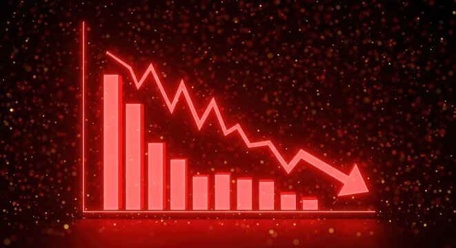 A declining bar graph with a downward trend line and arrow shows business data falling on a dark background with red illumination.