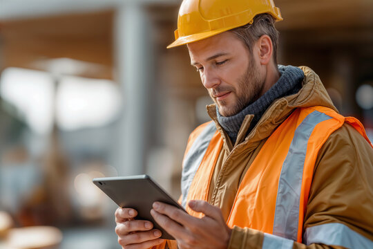 Construction Foreman Reviewing Plans on Tablet with Focused Expression for Industrial Project