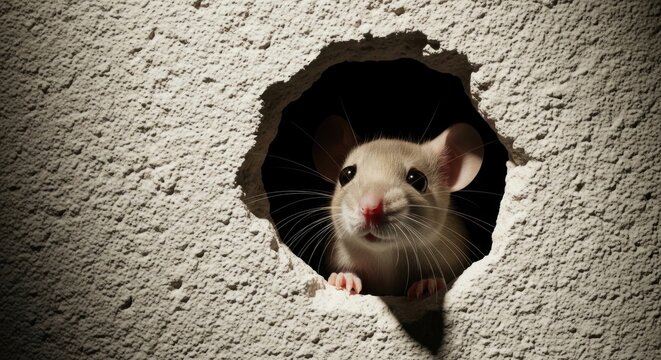 A curious mouse peeks through a hole in a textured wall looking outside cautiously.