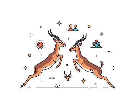 Impalas jumping in playful interaction concept where two impalas leap and play together while tiny sparkle and line icons highlight social behavior, agility,