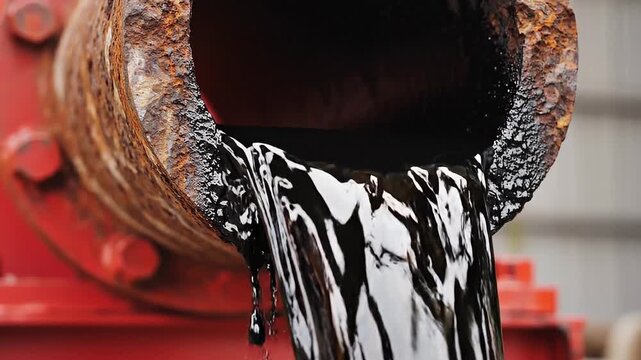 Crude oil flowing from a rusty industrial pipe