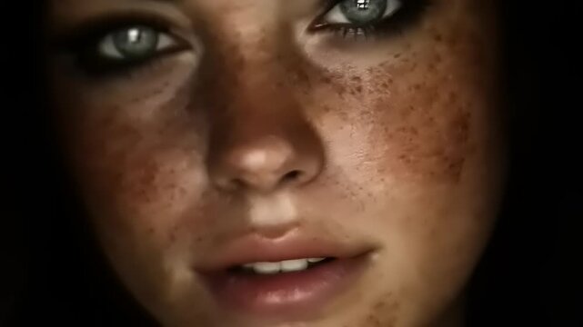 Captivating close-up showcases a stunning freckled face with mesmerizing green eyes with an intimate portraiture