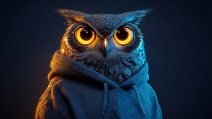 Fototapeta premium Owl wearing a blue hoodie with large, expressive eyes, illuminated by soft lighting against a dark background, showcasing unique and whimsical character traits