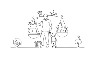 Obraz premium Daily Life Balance. Minimalistic one-line drawing individual balancing laptop work and household tasks with child, continuous single black line on white