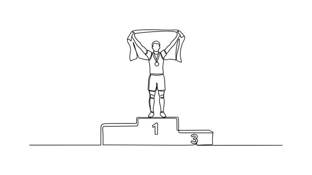 Champion Moment. Minimalistic one-line drawing individual on podium holding flag or medal in victorious pose, continuous single black line on white background,