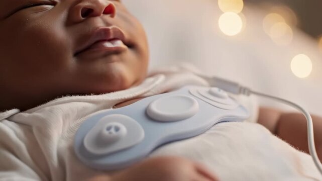 Peaceful newborn baby sleeping with wearable health monitor. Smart technology ensuring infant safety and delivering parental peace of mind