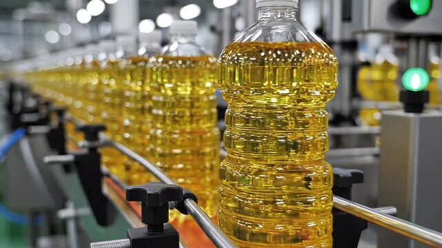 Bottles of cooking oil on a production line in a factory