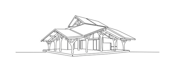 Fototapeta premium Renewable Materials in Design. Minimalistic one-line drawing structure using biodegradable panels and natural supports, continuous single black line on white