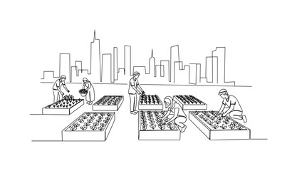 Naklejka premium Urban Farming. Minimalistic one-line drawing individuals tending to vegetable beds in city environment, continuous single black line on white background,