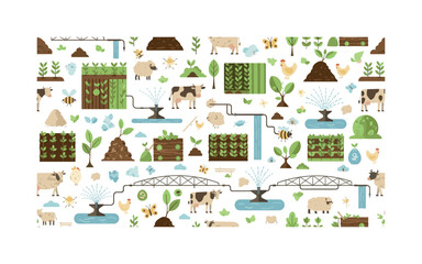 Fototapeta premium eco-agriculture motifs seamless pattern, repeating pattern, surface design, textile print, modern illustration of crop fields, compost piles, farm animals,