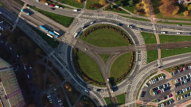 Down to top drone shot of hugh roundabout in ostrava suburb