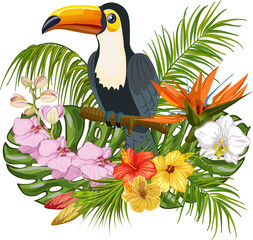 Naklejka premium A bird with a large beak on a palm branch.Colored vector illustration with tropical flowers and toucan on a transparent background.