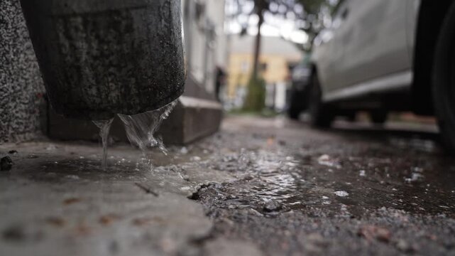 Rainwater flows from chrome drain pipe close-up. Aged steel drain pipe with rainwater flowing on pavement of urban street. Downspout mounted on house wall outdoor against the background of parked car.