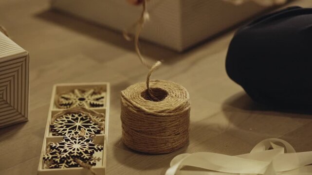 Twine Rope And Ornaments For Christmas Gift Wrapping. Closeup Shot