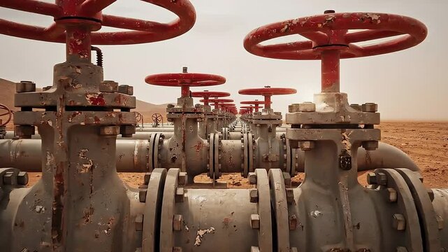 Industrial pipeline valves in a vast desert landscape