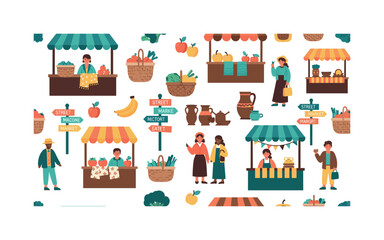 Fototapeta premium street market icons seamless pattern, repeating pattern, surface design, textile print, modern illustration of market stalls, shoppers, baskets, fruits,