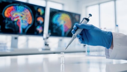 A laboratory setting with a gloved hand carefully holding a pipette over a small vial, with colorful brain scans displayed on screens in the background, illustrating a precise medical research process