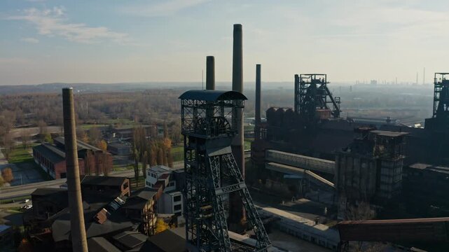 Close Drone shot around mining tower in lower V&iacute;tkovice industrial Area in Ostrava