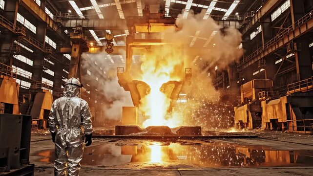 Worker in Protective Suit Watches Molten Metal Pouring in Industrial Foundry