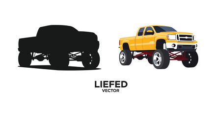 Colorful monster truck illustration paired with its dark silhouette © MIRAJ02