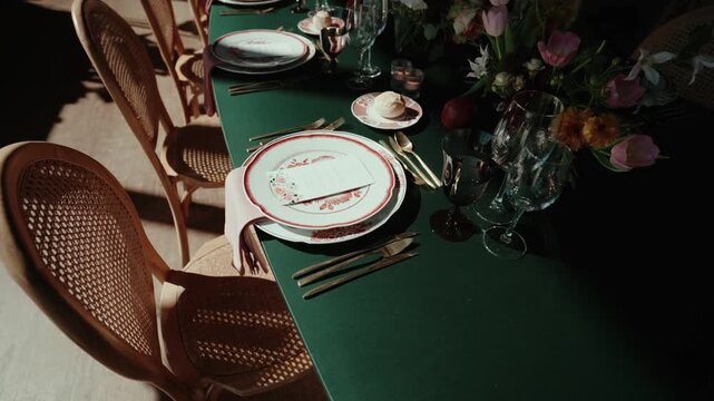 Decorated reception table place setting with plates cutlery glasses candles bread and floral arrangement at indoor wedding venue