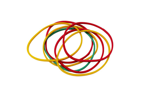 Colorful rubber bands isolated on transparent  background, elastic office bands for organizing documents, stationery supplies and office workflow concept
